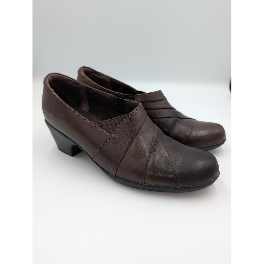 Clarks Collection Brown Leather Pleated Vamp Pumps Block Heel Shoes Size 8.5 M